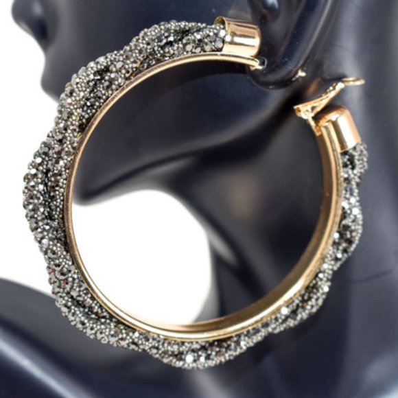 3" Braid Twist Hematite Rhinestone Hoop Earrings - Picture 9 of 12